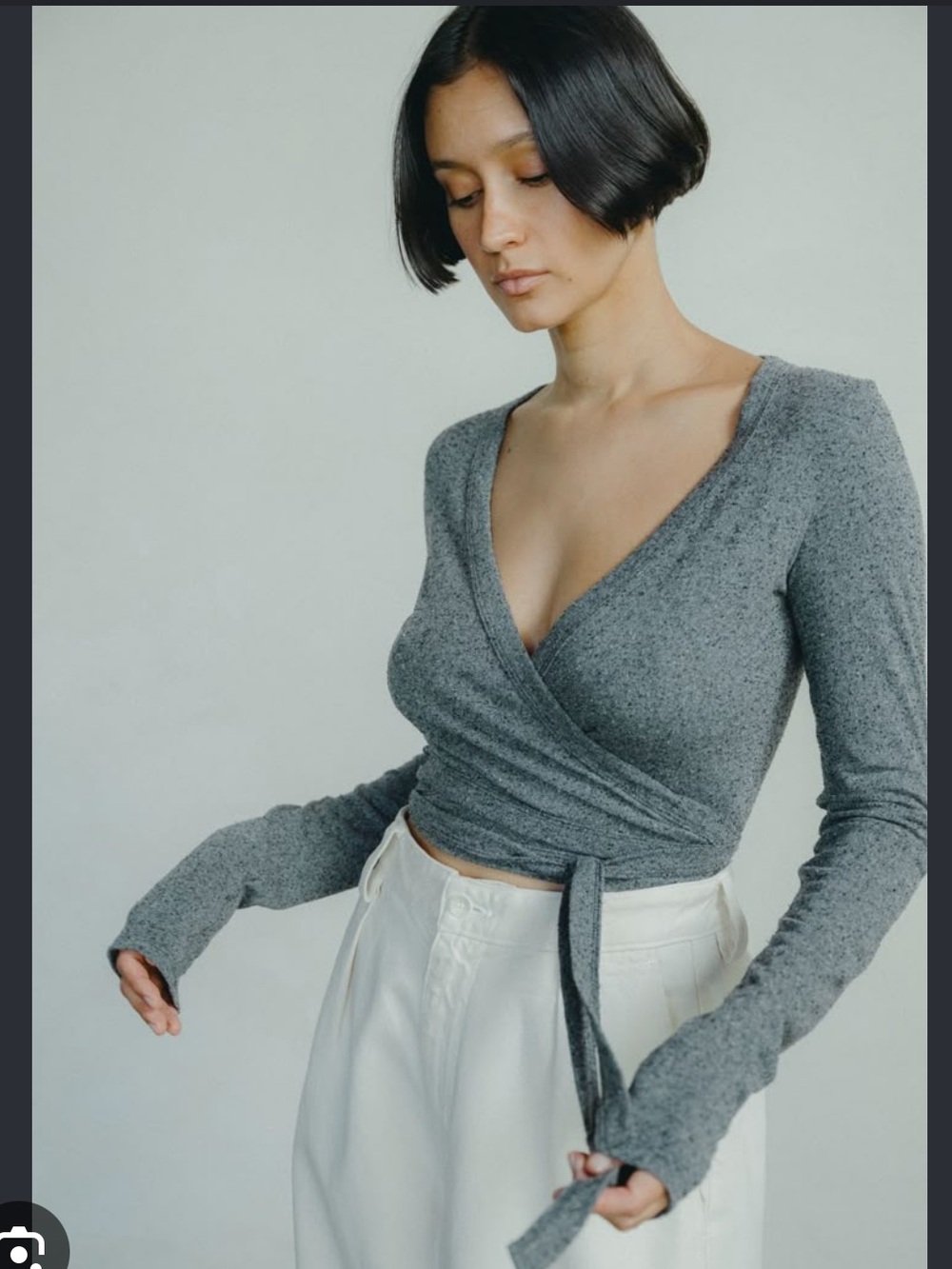 Ozma charcoal heather grey long sleeve dance wrap silk noil jersey top